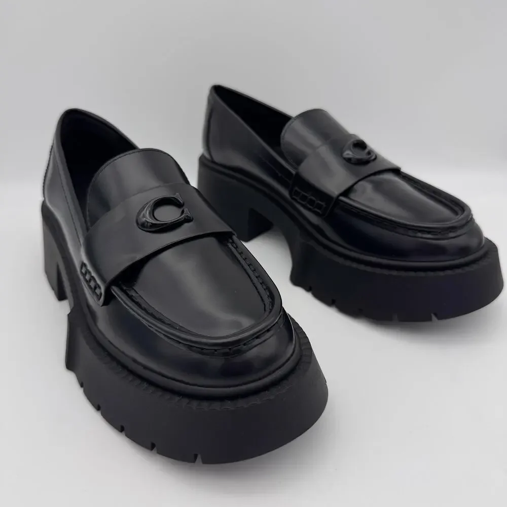 Coach Leah Loafers Womens Size 6 Leather C Logo Lug Sole Shoes CZ382 Black 6B